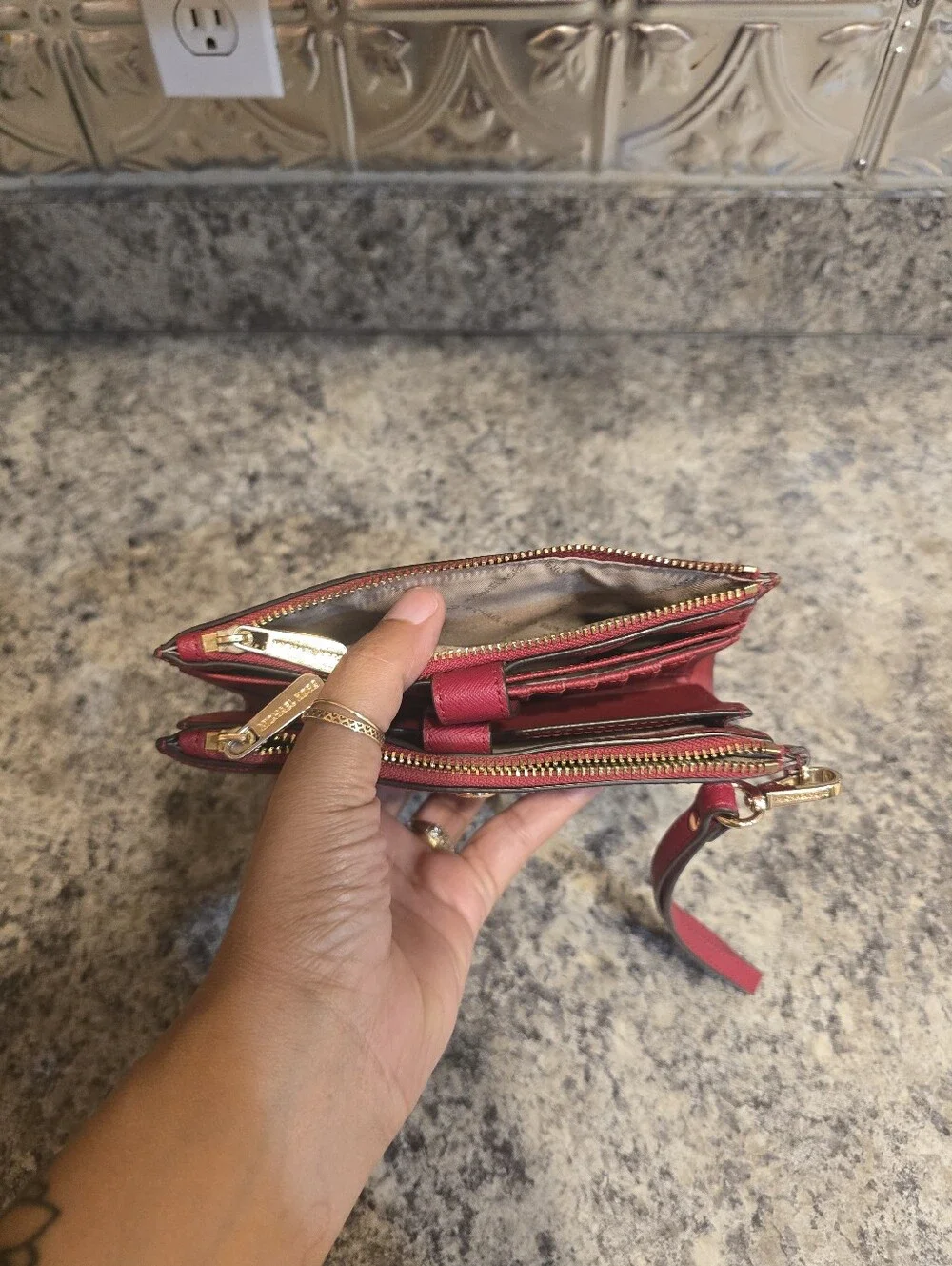 Michael Kors Jet Set Travel Double Zip Wristlet/Wallet Red Coated Canvas - Picture 7 of 7